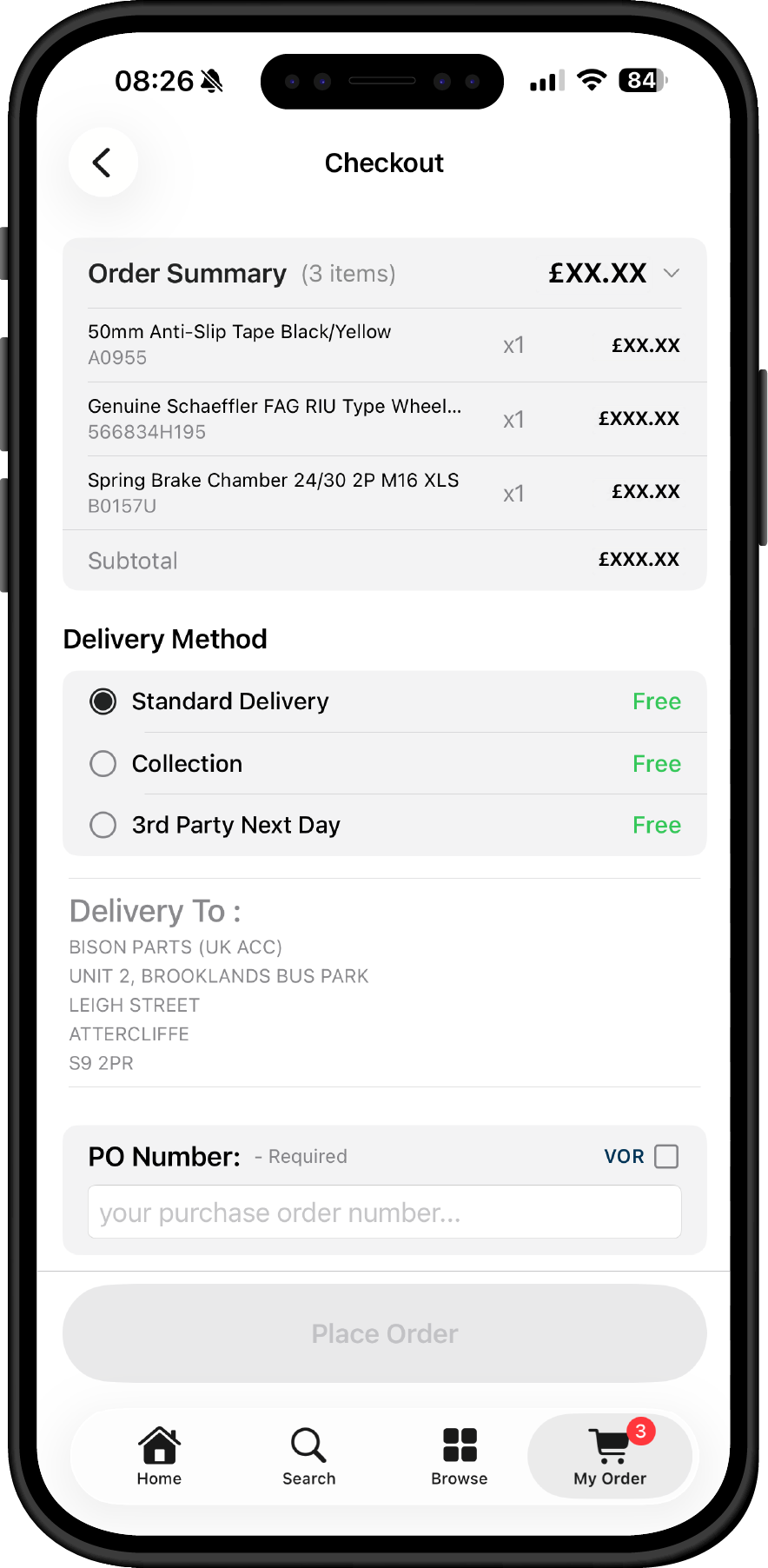 App screenshot — order basket