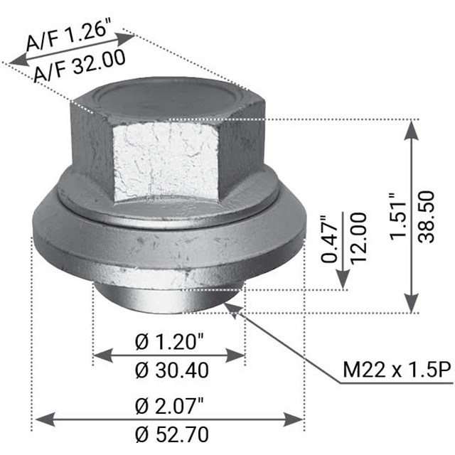 IVWN0003 SLEEVED WHEEL NUT M22X1.5 38MM HIGH UCUK Truck, Trailer