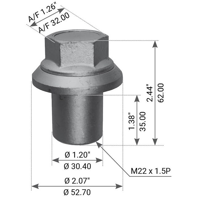 IVWN0004 SLEEVED WHEEL NUT M22X1.5 62MM HIGH UCUK Truck, Trailer
