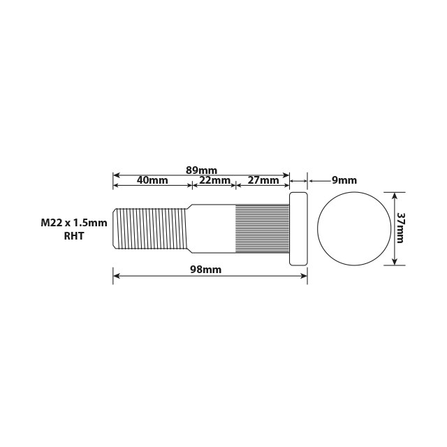 KLTH0265 WHEEL STUD M22X1.5 ISO TWIN 89MM UH UCUK Truck, Trailer, Lorry, Van & LCV