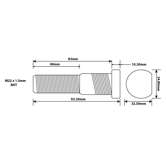 KLTH0270 WHEEL BOLT M22 X 1.5 83MM UH / 93MM OVERALL UCUK Truck, Trailer, Lorry, Van & LCV