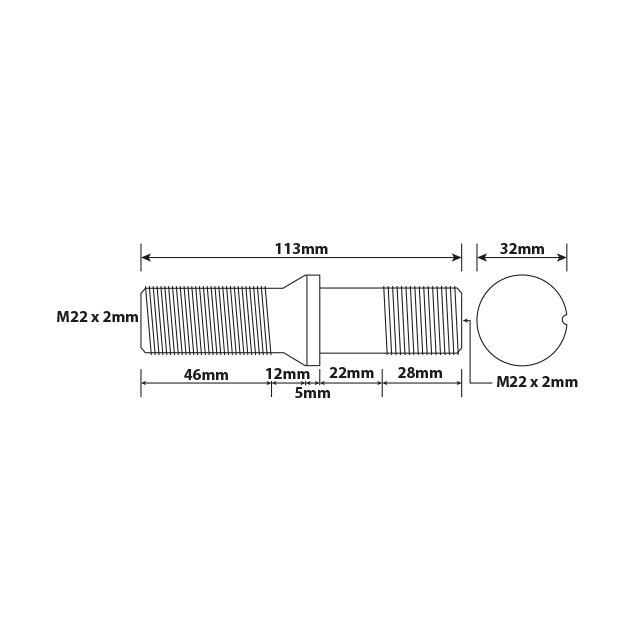 WHEEL STUD M22X2 RHT 113MM TWIN WHEEL