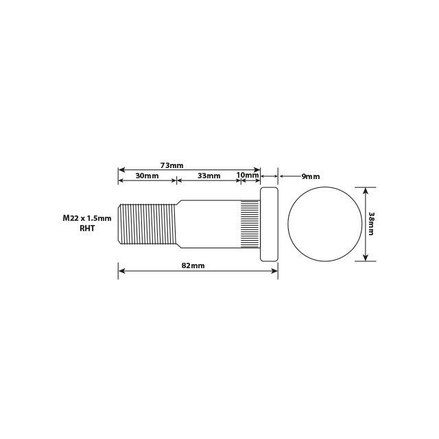 WHEEL STUD M22X1.5 73MM UH RH ISO SINGLE C/F