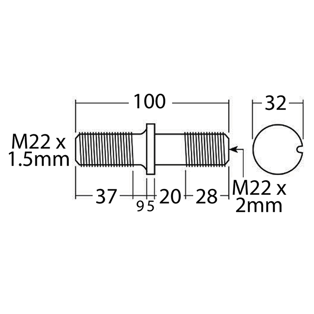 A9639 WHEEL STUD M22X1.5 RHT 100MM SINGLE WHEEL