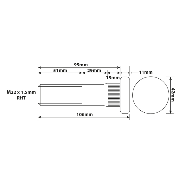 WHEEL STUD M22X1.5 RHT 95MM UH