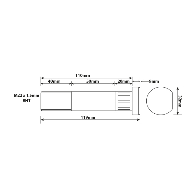 WHEEL STUD M22X1.5 RHT 110MM UH