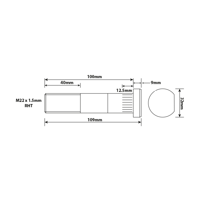 WHEEL STUD M22X1.5 RHT 100MM UH