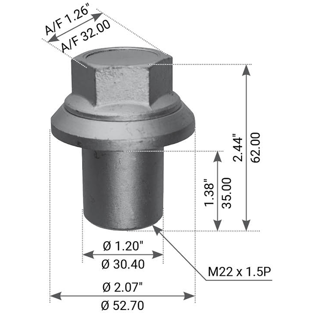 SLEEVED WHEEL NUT M22X1.5 62MM HIGH TO SUIT IVECO