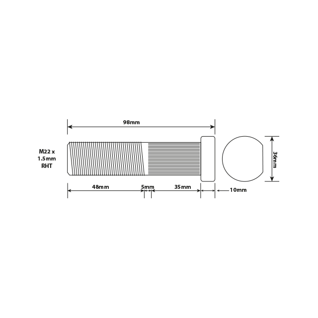 WHEEL STUD M22X1.5 RHT 88MM UH ISO SINGLE WHEEL