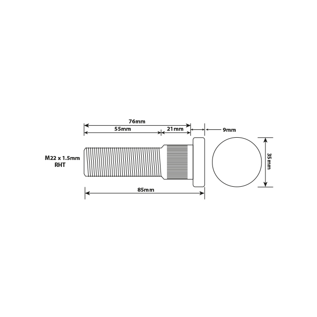 WHEEL STUD M22X1.5 RHT 76MM UH ISO TWIN/SINGLE WHEEL