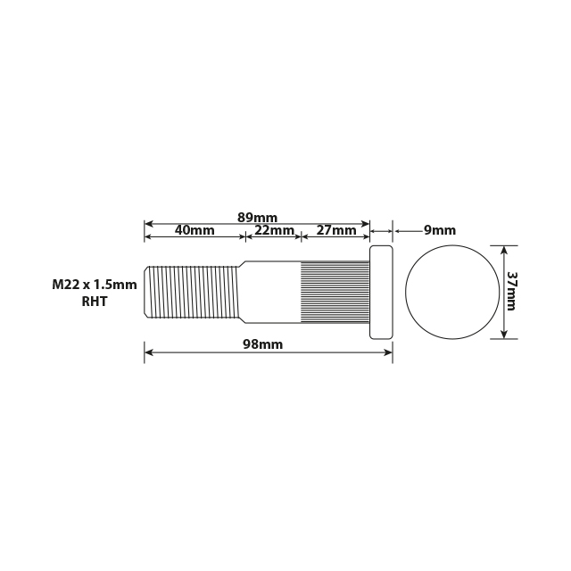 WHEEL STUD M22X1.5 ISO TWIN 89MM UH
