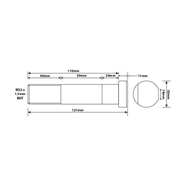 WHEEL STUD M22X1.5 RHT 110MM UH