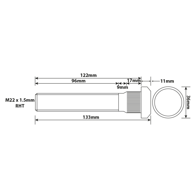 WHEEL STUD M22X1.5 RHT 122MM UH