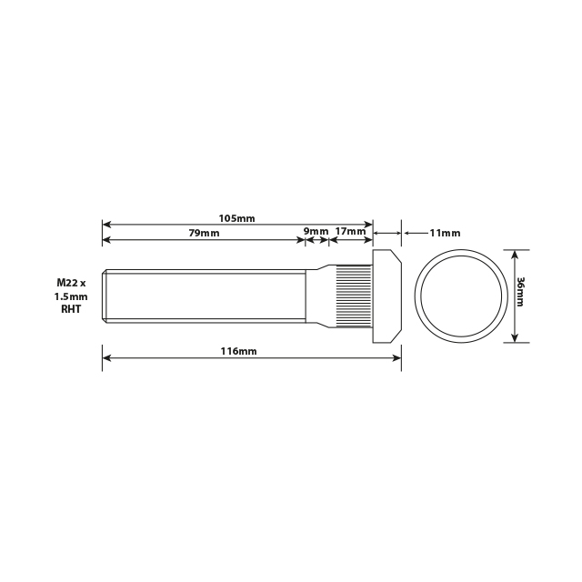 WHEEL STUD M22X1.5 RHT 105MM UH