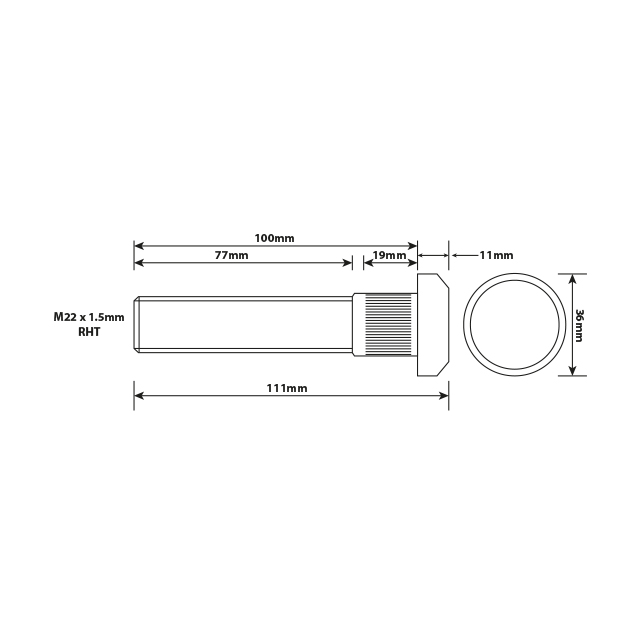 WHEEL STUD M22X1.5 RHT 100MM UH