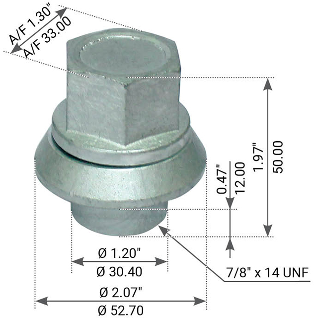 SLEEVED WHEEL NUT 7/8"-14UNF 50MM HIGH TO SUIT VOLVO